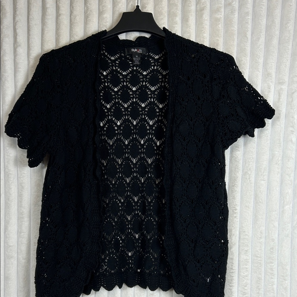 Open knit black crocheted, short sleeve cardigan sweater 1 X